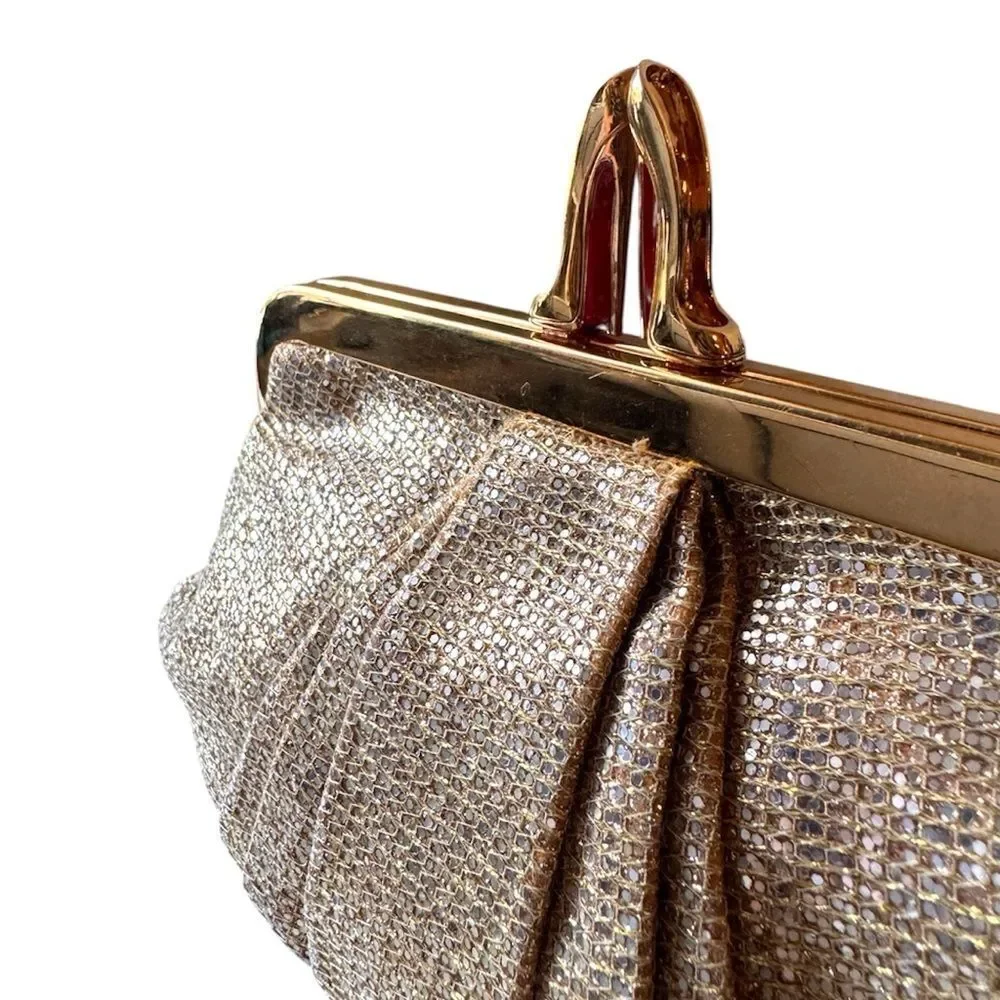 Christian Louboutin Gold Metallic Pleated Clutch Bag Sunburst Crown Frame Luxury